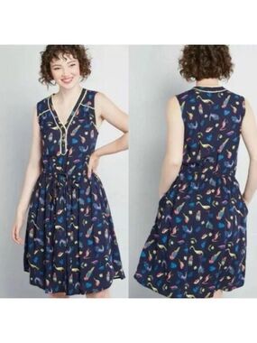 ModCloth Dress Novelty Navy Blue Cafe Au Soleil Tropical Birds Sleeveless Medium